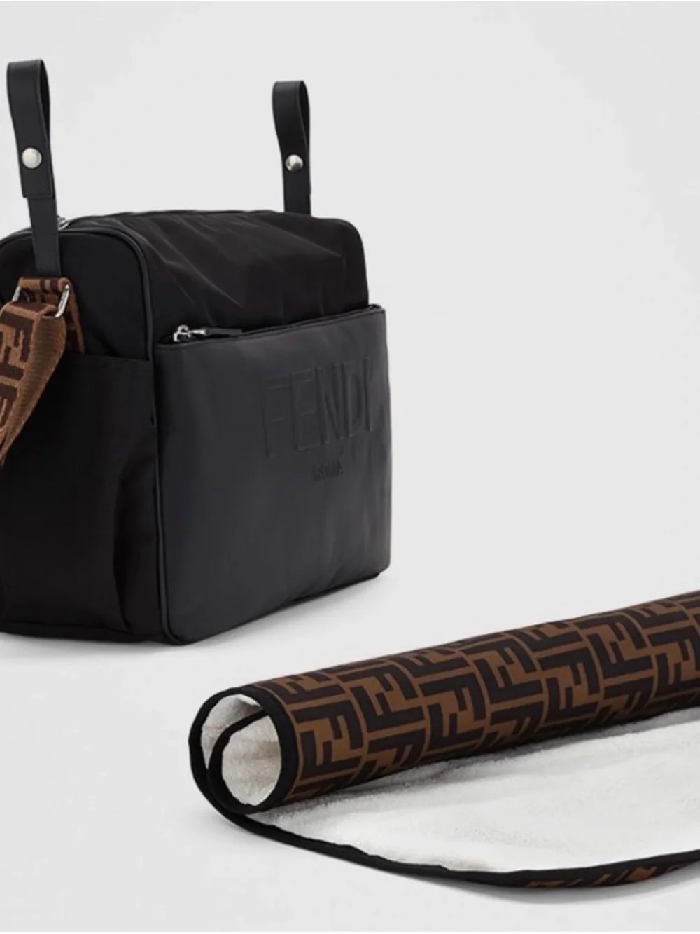 Fendi Black Leather Messenger Bag with Brown FF Jacquard Strap